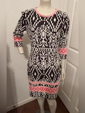 Yvonne Lafleur  Black & White Geometric Knit Dress with Pink Trim L